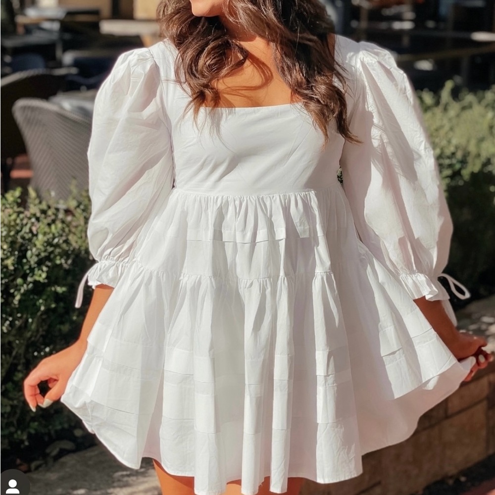 White Ruffle 3/4 Puff Sleeve Mini Dress